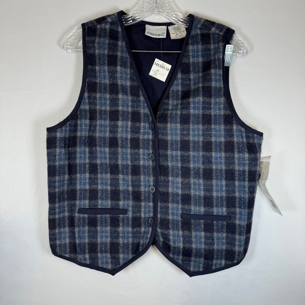 VTG 90's NOS Fashion Bug Womens Plaid Vest Wool Blend Blue Size Medium‎